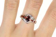 10K White Gold Oval Garnet Bypass CZ Accent Statement Ring