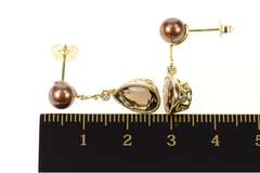 14K Yellow Gold Ornate Pear Smoky Quartz Drop Brown Pearl Earrings
