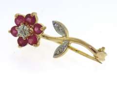 Gorgeous Yellow Gold Ruby and Diamond Flower Pin
