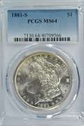 Near Gem BU 1881-S Morgan Silver Dollar. PCGS MS64