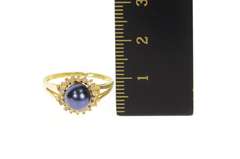 14K Yellow Gold Blue Pearl Diamond Halo Statement Ring