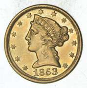 1853-D $5.00 Liberty Head Gold Half Eagle - Near Uncirculated