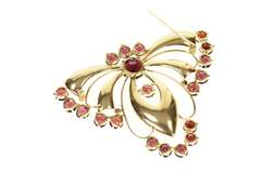 14K Yellow Gold Ornate Syn. Garnet Retro Butterfly Moth Pin/Brooch