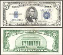 $5 1934-C SILVER CERTIFICATE Fr 1653 BLUE SEALS & SERIALS WIDE-L-A BLOCK Ch CU