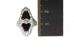 14K White Gold Art Deco Elaborate Filigree Diamond Black Onyx Ring