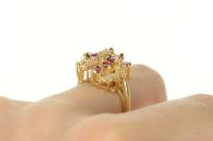 14K Yellow Gold Marquise Ruby Diamond Swirl Cluster Cocktail Ring