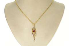 10K Yellow Gold Victorian Seed Pearl Syn. Ruby Ornate Drop Pendant