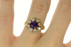 8K Yellow Gold Victorian Syn. Amethyst Rhinestone Halo Ring