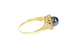 14K Yellow Gold Blue Pearl Diamond Halo Statement Ring