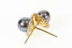 10K Yellow Gold Black Pearl Rhinestone Halo Accent Stud Earrings