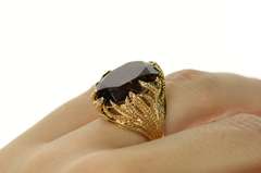 10K Yellow Gold Retro Textured Leaf Motif Smoky Quartz Ring