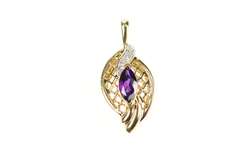 10K Yellow Gold Marquise Amethyst Diamond Lattice Filigree Pendant