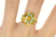 14K Yellow Gold Retro 1940's Turquoise Ornate Leaf Cocktail Ring
