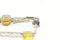 10K White Gold Scroll Filigree Bar Oval Syn. Sapphire Bracelet