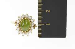 10K Yellow Gold Ornate Nephrite Jade Pearl Halo Cocktail Ring