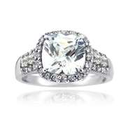 Sterling Silver CZ Square Halo & Three Row Band Ring