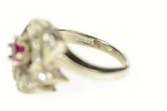 14K White Gold 1950's Ornate Syn. Ruby Diamond Leaf Swirl Ring