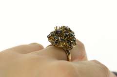 12K Yellow Gold 1960's Ornate Sapphire Round Cluster Cocktail Ring