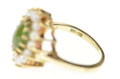 10K Yellow Gold Ornate Nephrite Jade Pearl Halo Cocktail Ring