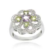 Sterling Silver Amethyst, Peridot and Diamond Accent Flower Design Ring