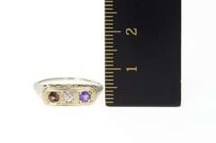 14K White Gold Art Deco Ornate Filigree Diamond Amethyst Ring
