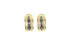 14K Yellow Gold 1.40 Ctw Sapphire Diamond French Clip Hoop Earrings