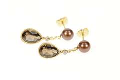 14K Yellow Gold Ornate Pear Smoky Quartz Drop Brown Pearl Earrings