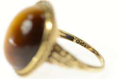 10K Yellow Gold Oval Tiger's Eye Cabochon Ornate Cocktail Ring