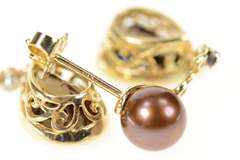14K Yellow Gold Ornate Pear Smoky Quartz Drop Brown Pearl Earrings