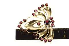 14K Yellow Gold Ornate Syn. Garnet Retro Butterfly Moth Pin/Brooch
