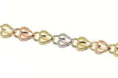 10K Yellow Gold Tri Tone Diamond Cut Heart Link Bracelet