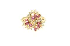 14K Yellow Gold Marquise Ruby Diamond Swirl Cluster Cocktail Ring