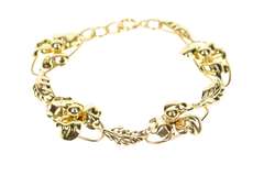 10K Yellow Gold 1940's Repousse Flower Leaf Link Chain Bracelet
