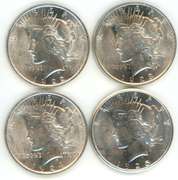 4 Flashy-white Choice BU 1922-1925 Peace Silver Dollars