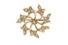 10K Yellow Gold Victorian Seed Pearl Scroll Diamond Pendant/Pin