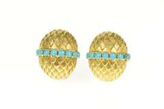 18K Yellow Gold Retro 1940's Ornate Turquoise Clip Back Earrings