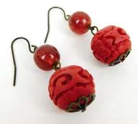 Carved Cinnabar Pierced Earrings