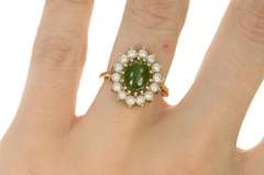 10K Yellow Gold Ornate Nephrite Jade Pearl Halo Cocktail Ring