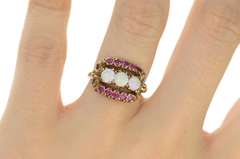 10K Yellow Gold Ornate Victorian Natural Opal Ruby Statement Ring