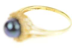 14K Yellow Gold Blue Pearl Diamond Halo Statement Ring