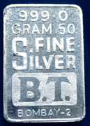 Vintage 50 Gram 999 Fine Silver Bar  Bombay Bar