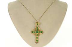 18K Yellow Gold 3.47 Ctw Victorian Natural Emerald Cross Pendant