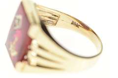 10K Yellow Gold Retro Men's Syn Ruby Masonic Emblem Squared Ring