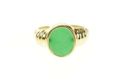 14K Yellow Gold Oval Carved Green Agate Intaglio Wax Seal Ring
