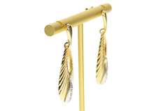 14K Yellow Gold Diamond Inset Retro Scalloped Oval Dangle Earrings