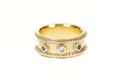 14K Yellow Gold Diamond Sapphire Rope Trim Ornate Band Ring