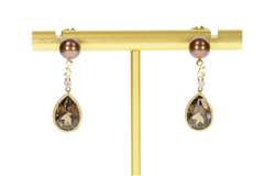 14K Yellow Gold Ornate Pear Smoky Quartz Drop Brown Pearl Earrings
