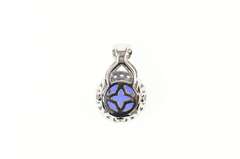 14K White Gold Ornate Round Syn. Sapphire Halo Statement Pendant