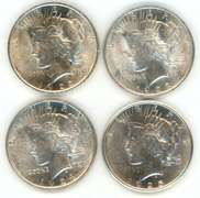 4 Diff. Choice BU Peace Silver Dollars 1922-1925