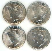 4 Diff. Choice BU Peace Silver Dollars 1922-1925